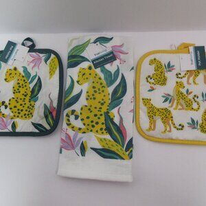 Tropical Kitchen Towels 2Pot Holder 3Pc Set Teal Yellow Jungle Big Cat NWT